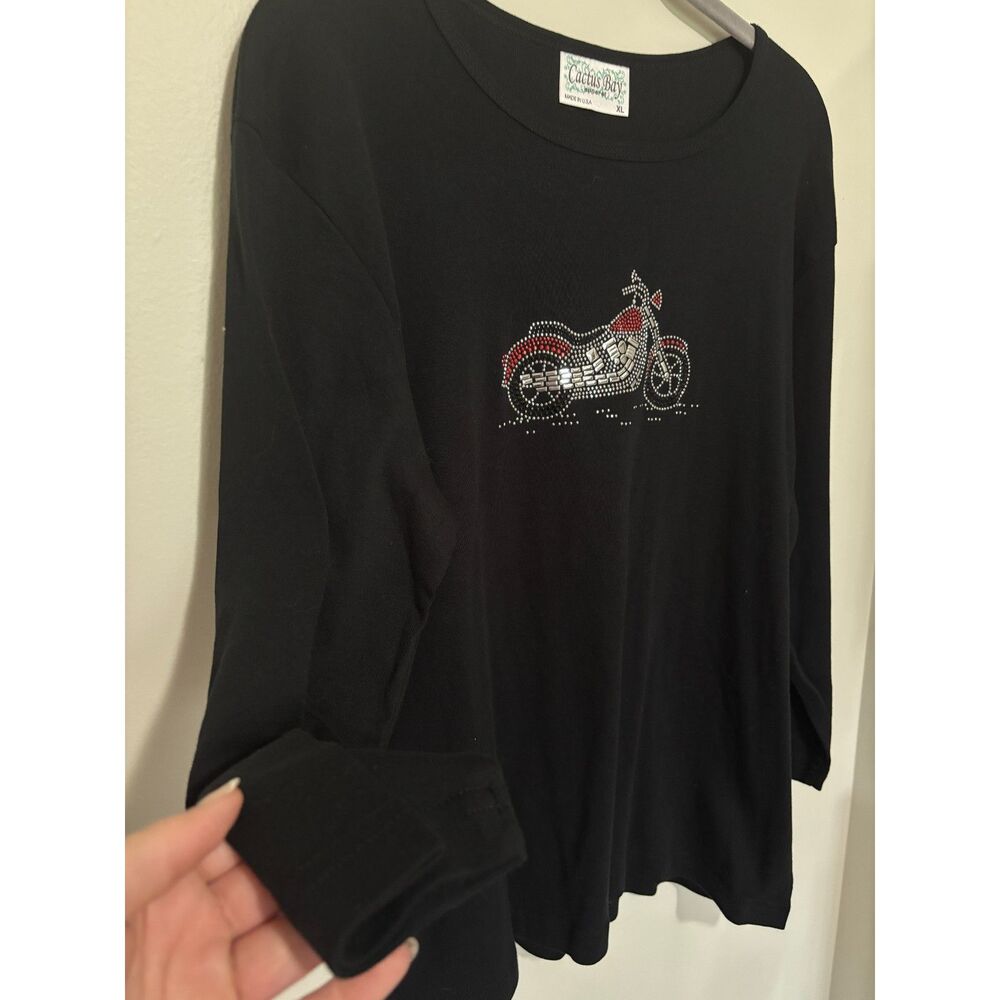 Cactus Bay Motorcycle Rhinestone Top Black Biker Graphic Tee XL USA Y2K Western - Picture 4 of 7